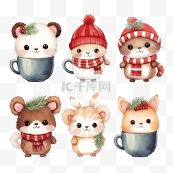 熊刺猬图片_水彩插图集可爱的冬季动物在杯子