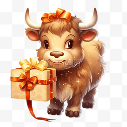 吉祥物牛图片_可爱的公牛携带圣诞礼品盒
