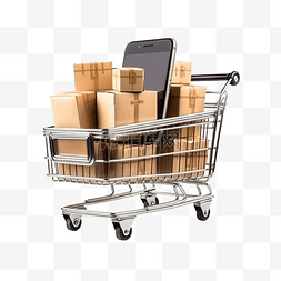 手机卖图片_包裹箱放置在购物篮中，并全部放