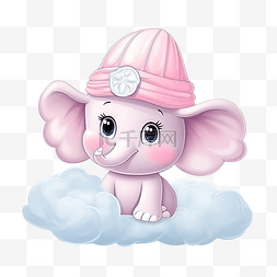 蓝色背景线性图片_可爱的粉色大象戴着帽子骑着云