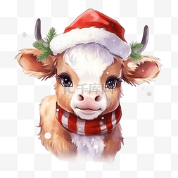牛形象图片_圣诞节可爱的牛，带有水彩插图