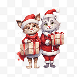 人物礼物盒图片_穿着圣诞服装的幸福情侣猫，配有
