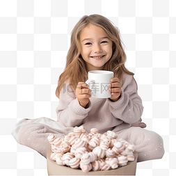 喝早茶图片_女孩在圣诞卧室的床上喝可可和棉
