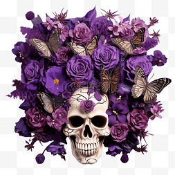 花与叶组合图片_万圣节布置紫色花朵和蝴蝶与头骨