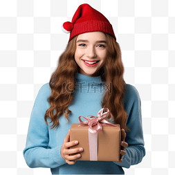 拿包的女孩图片_戴着圣诞帽拿着一份礼物在孤立的