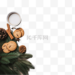 一杯茶和饼干图片_圣诞木质背景，配有云杉树枝芳香