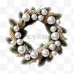 带白松树枝和球装饰的圣诞花环