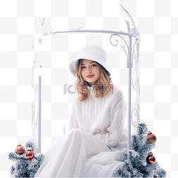 冬天唯美高清图片_美丽的女孩在圣诞装饰的凉亭里穿