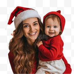 搞笑人图片_戴着圣诞老人红帽的妈妈和宝宝微