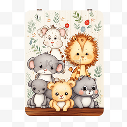 圣诞边框水彩图片_插图圣诞木板与婴儿野生动物