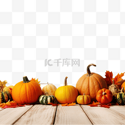 古乡村背景图片_木桌上有南瓜和树叶的秋季乡村组