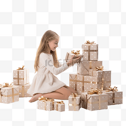 女孩站在白色的地板上抓起圣诞礼