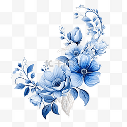 蓝色花朵植物的角框，有花和叶