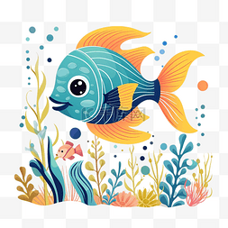 夏天抽象图片_涂鸦素描卡通鱼可爱水下海元素装