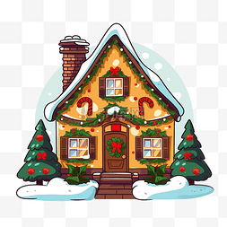 平面卡通房子图片_装饰圣诞屋内平面彩色插图