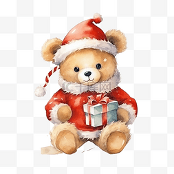 可爱的泰迪熊在圣诞老人服装水彩