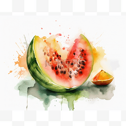 水彩甜瓜图片_白色背景上的水彩画和一片西瓜