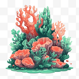 珊瑚剪贴画彩色卡通珊瑚礁与各种