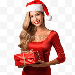 一个穿着红色圣诞服装手里拿着礼