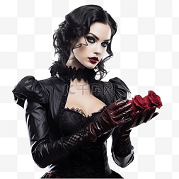 万圣节弹窗图片_戴着红手套手持黑玫瑰的恶魔吸血