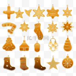 圣诞饰品装饰素材图片_金色圣诞饰品套装，球，雪花，帽