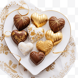 金色圣诞饰品图片_白松形盘子上的心形巧克力糖和金