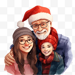 可爱的祖父和年轻夫妇戴着圣诞帽