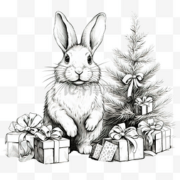圣诞兔子与圣诞树和礼物手绘草图