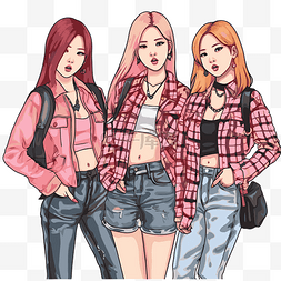 手格子图片_blackpink 剪贴画插图卡通中三位穿