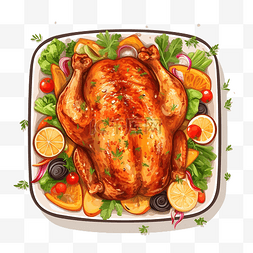 矢量美食背景图片_烤感恩节或圣诞火鸡与蔬菜顶视图