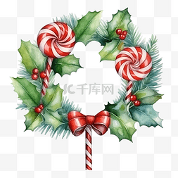 彩燈图片_圣诞冬青花环与棒棒糖水彩插图