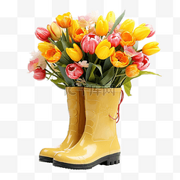 橡胶靴和鲜花中的花束郁金香