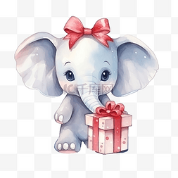 水彩动物插画素材图片_圣诞节可爱的大象与水彩插图
