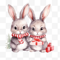 卡通兔子贺卡图片_圣诞明信片，上面有可爱的兔子贺