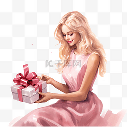 圣诞节打开礼盒图片_身穿优雅粉色连衣裙的金发女孩高