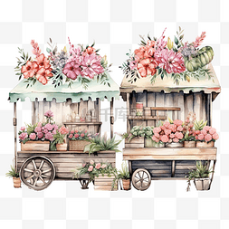 车上图片_露营车上的花卉市场水彩剪贴画 ai