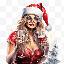 香槟丝带图片_圣诞圣诞老人女孩带着礼物和香槟