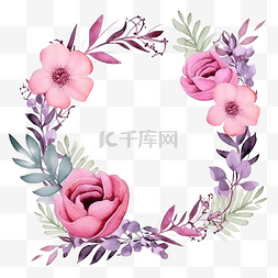 玫瑰花环背景图片_水彩紫色和粉色花框