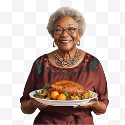 人与食品图片_微笑的非洲裔美国祖母在与大人庆
