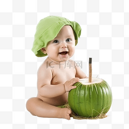 小婴儿从绿色椰子中取出吸管，该