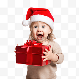 惊喜礼品一份图片_一个戴着红色圣诞帽的惊讶女婴手