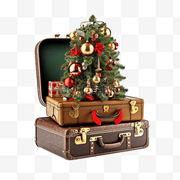 复古手提箱，装有圣诞树的节日圣
