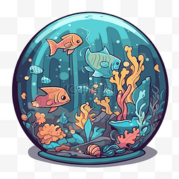 一个水下球与五颜六色的鱼和鱼 