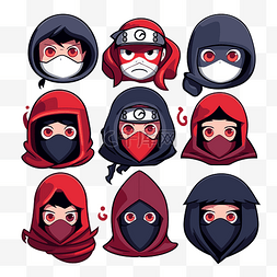 忍者字体图片_具有不同面孔的忍者头巾和面具卡
