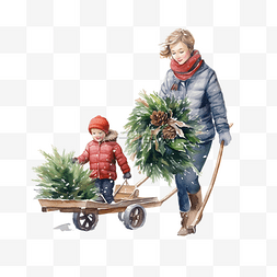 妈妈拿着一棵圣诞树，带着一个孩