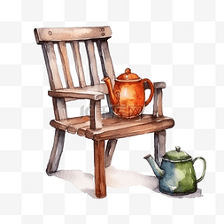 桌子茶壶图片_水彩木椅和陶瓷茶壶