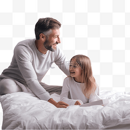 父亲和女儿在家里的床上靠近圣诞