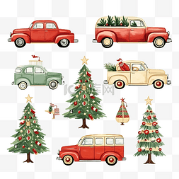 卡通大樹图片_带装饰圣诞树和红色汽车运输的大