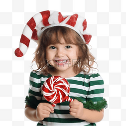 拿着糖果的小女孩躺在圣诞树附近