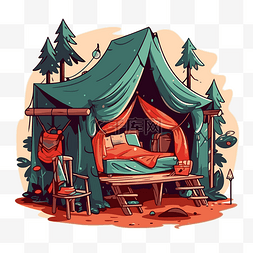 森林卡通中带椅子和床的营地帐篷